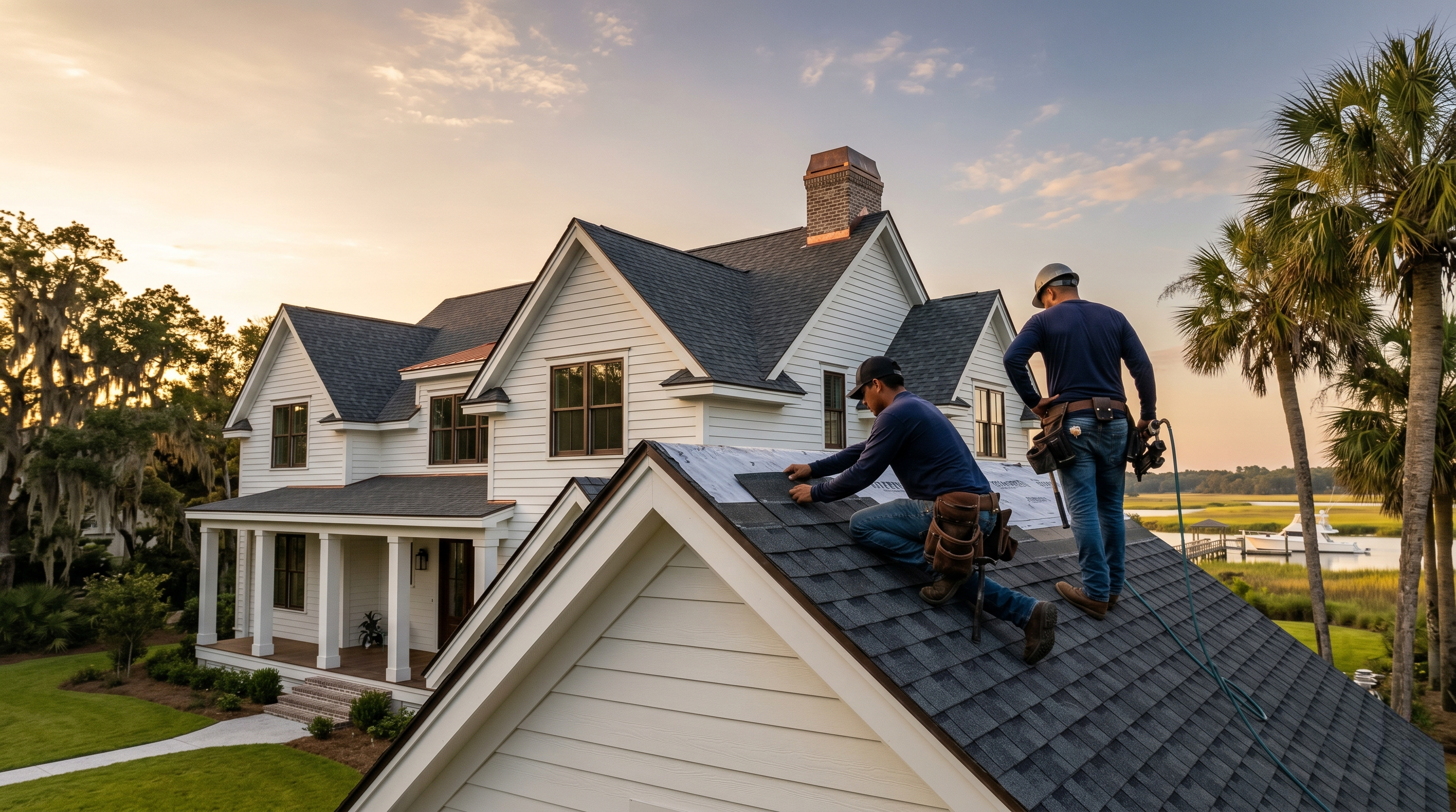 JJ Roofing crew installing shingles on a Lowcountry home at golden hour, marsh and palms behind