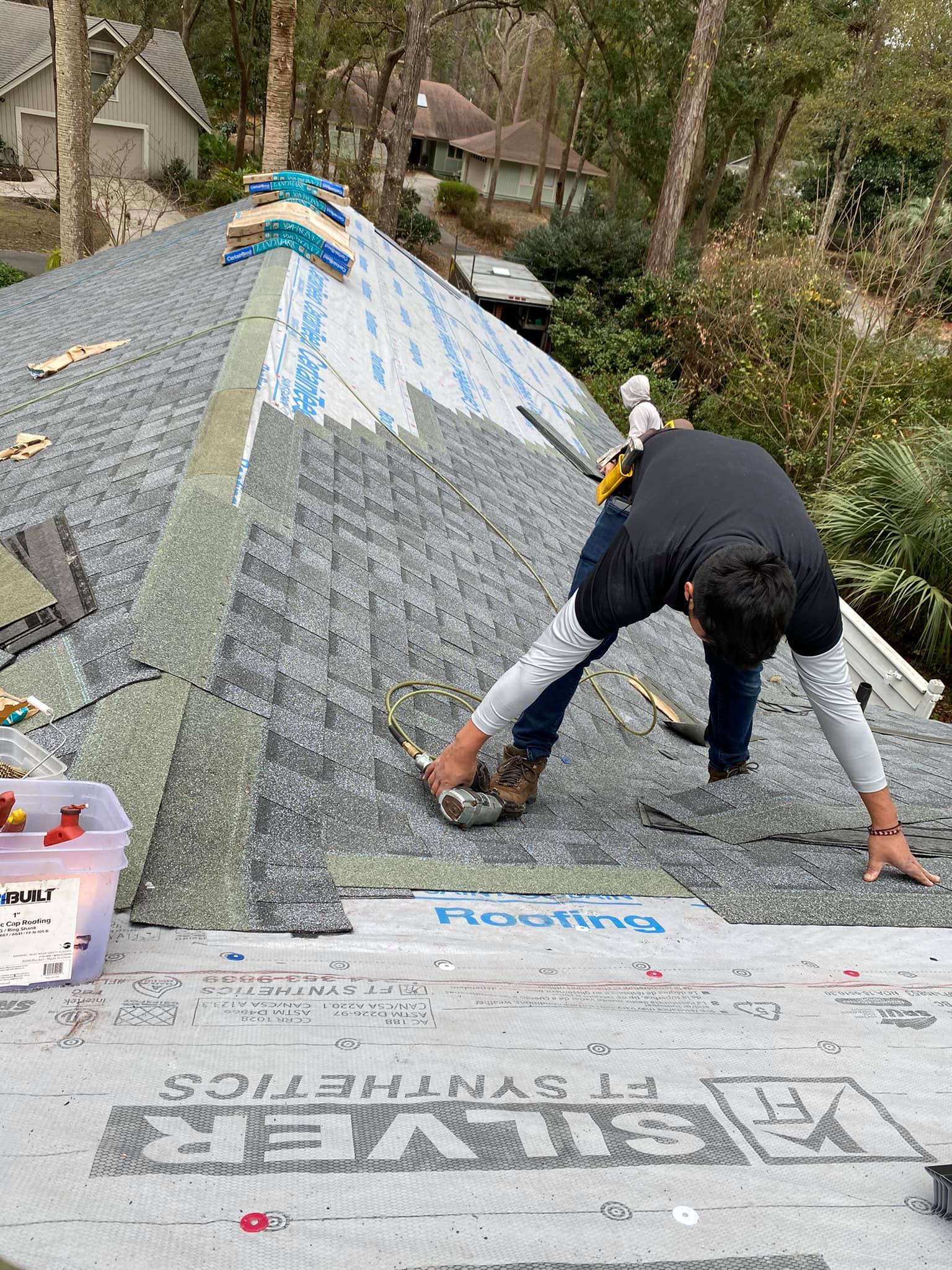 JJ Roofing crew installing CertainTeed Landmark architectural shingles on a Lowcountry roof